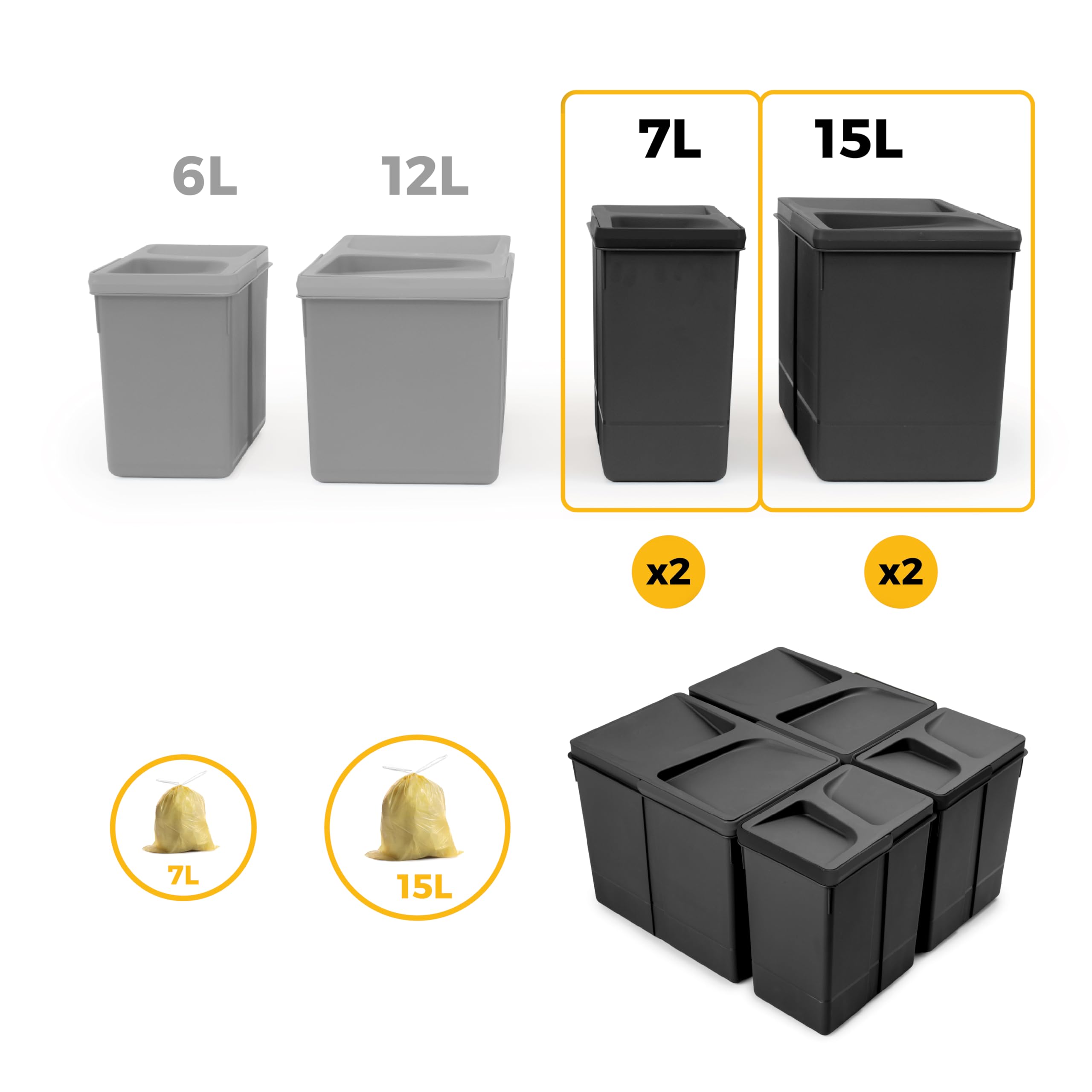 Emuca - Contenitori per la raccolta differenziata per cassetti da cucina, H 266 mm (2 x 15 L + 2 x 7 L), Plastica nera