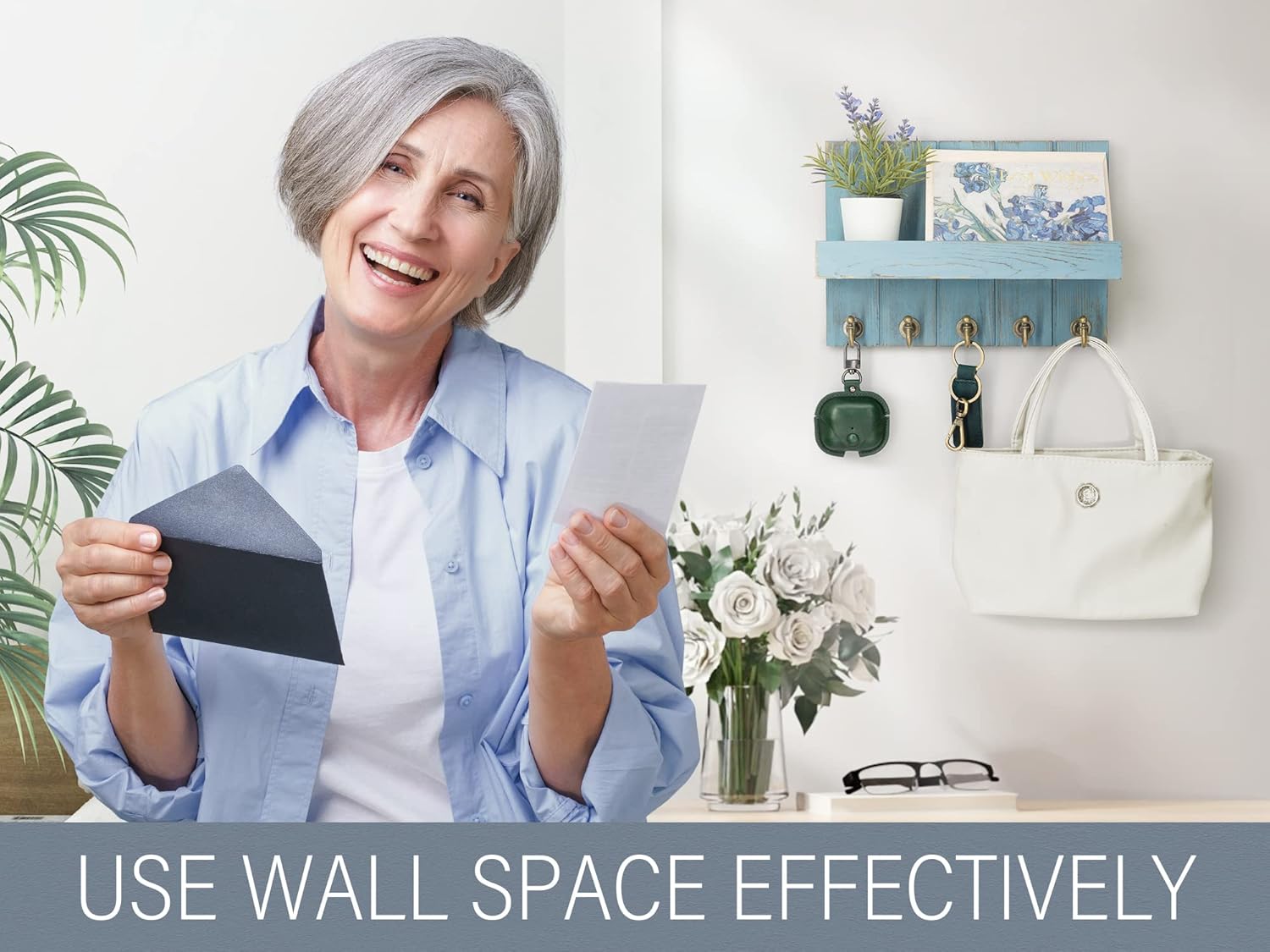 Rebee Vision Farmhouse Key Holder Wall Mount Set – Stylish Mail Organizer with Mail Slot & Drawer Organizer and Key Rack with Key Hooks - Home Essentials for Room Decor (White)