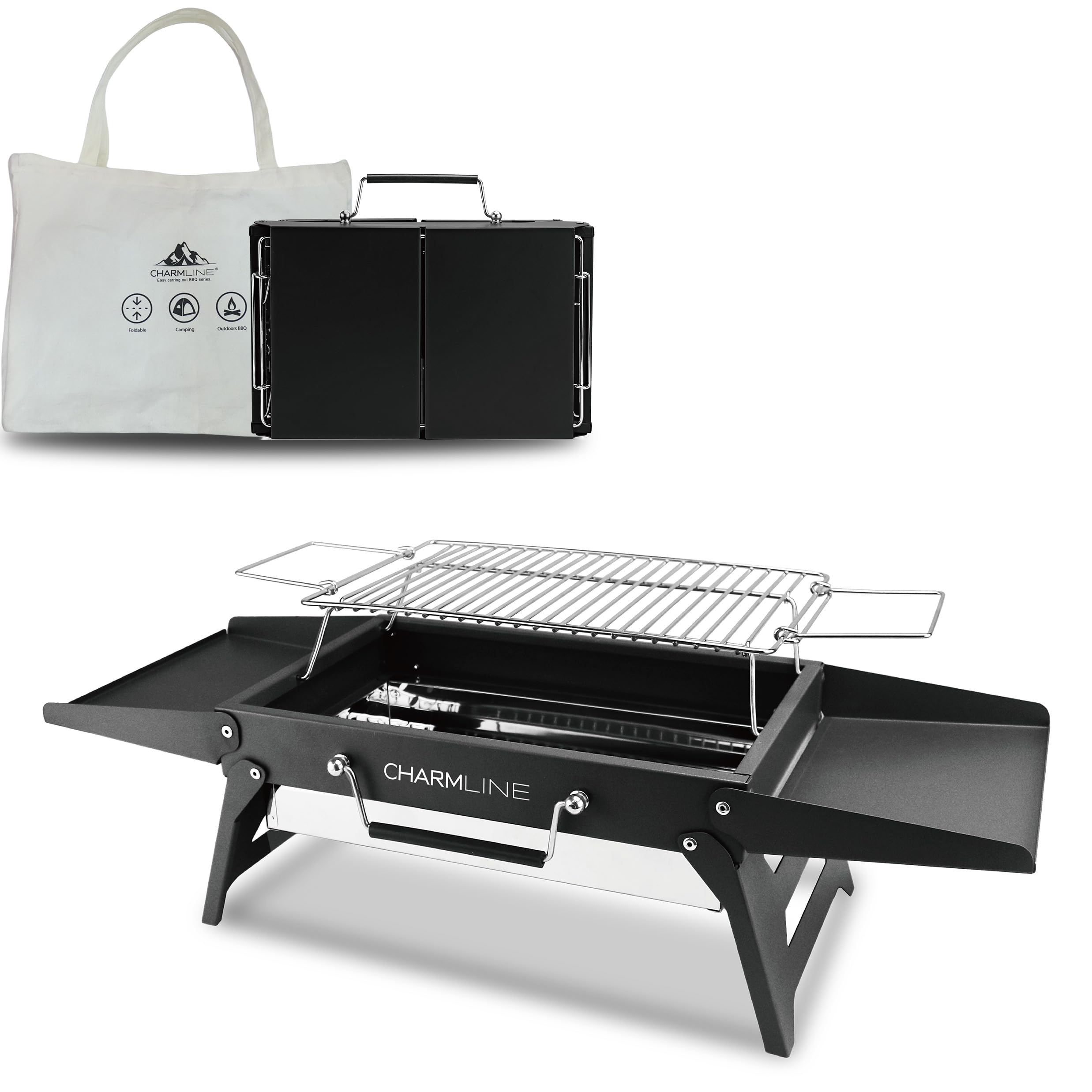 Charmline 34 x 23 cm Griglia a Carbone Portatile Pieghevole, Barbecue Carbonella PortatileCompatta per Uso Esterno, Griglia BBQ per Campeggio, Picnic, Giardini e Feste in Spiaggia, Nero