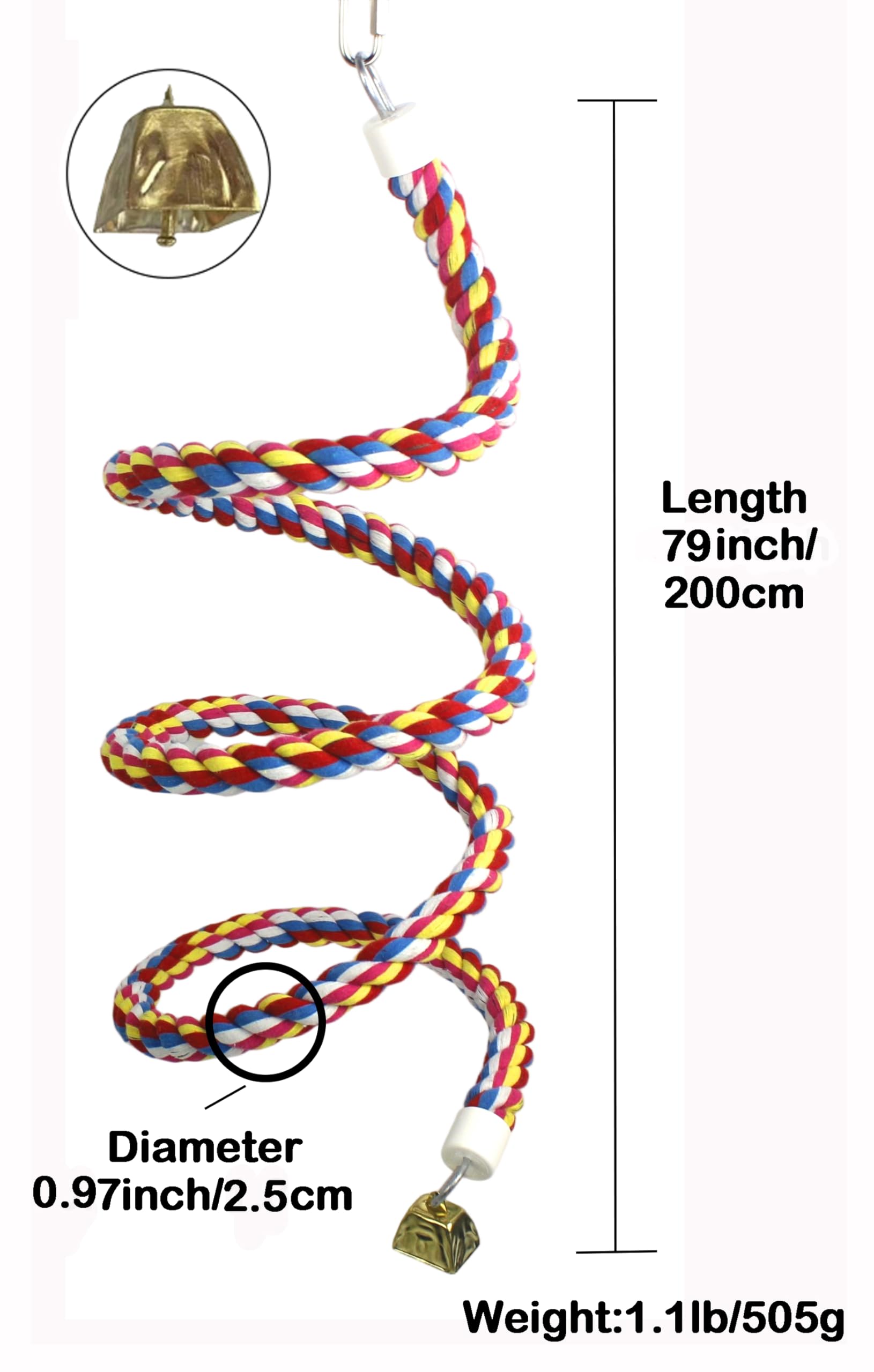 Lot de 2 cordes en spirale pour oiseaux de 200 cm avec clochette dorée - Jouets pour cage à oiseaux 100 % coton naturel - Perchoir à oiseaux - Jouets pour perroquet de taille normale à grande
