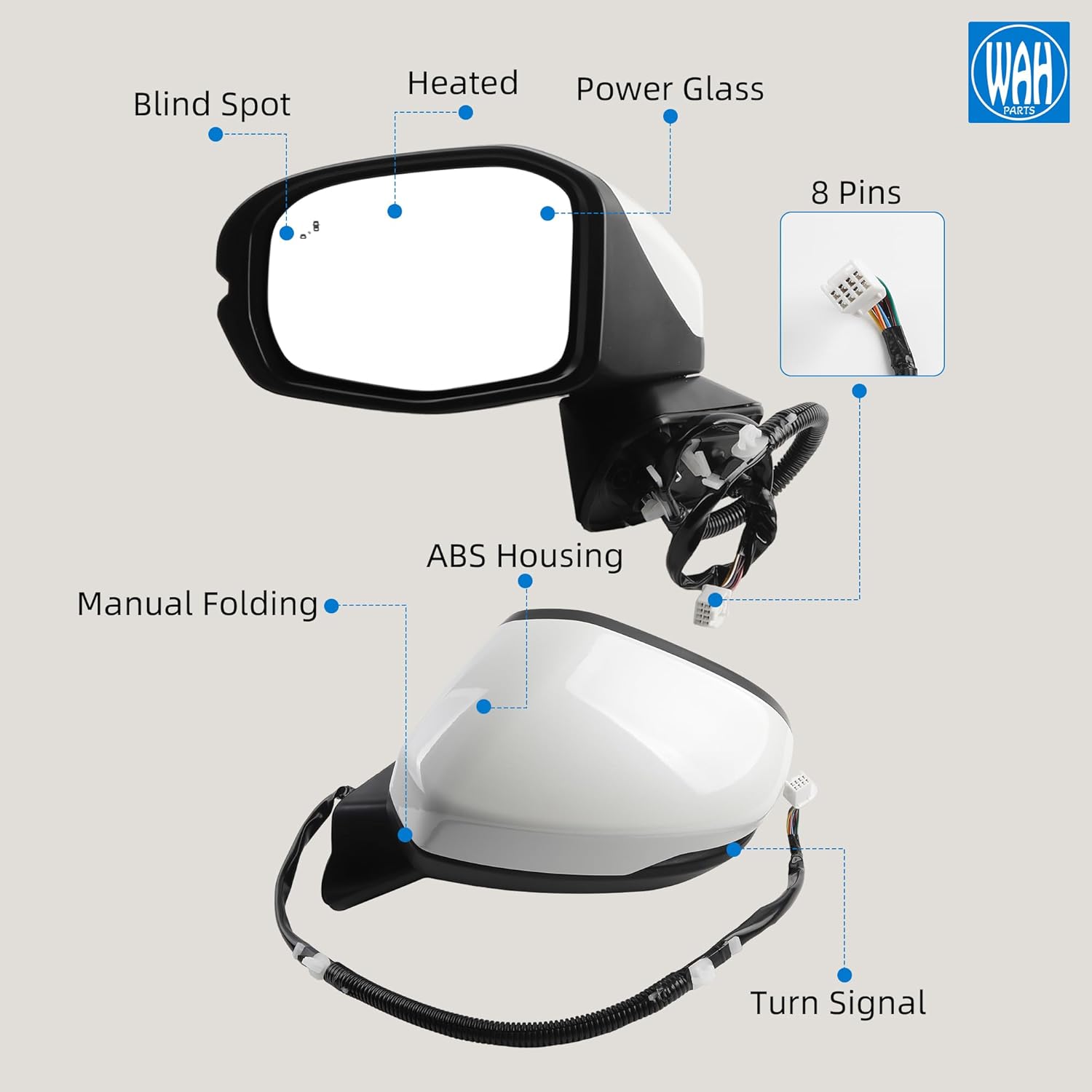 White Left Driver Side Door Mirror Assembly Compatible With 2023-2025 Honda HR-V (EX-L/EX-L NAVI/SPORT) 8 Pins Blind Spot Turn Signal Light Heated 76251-3W0-A11
