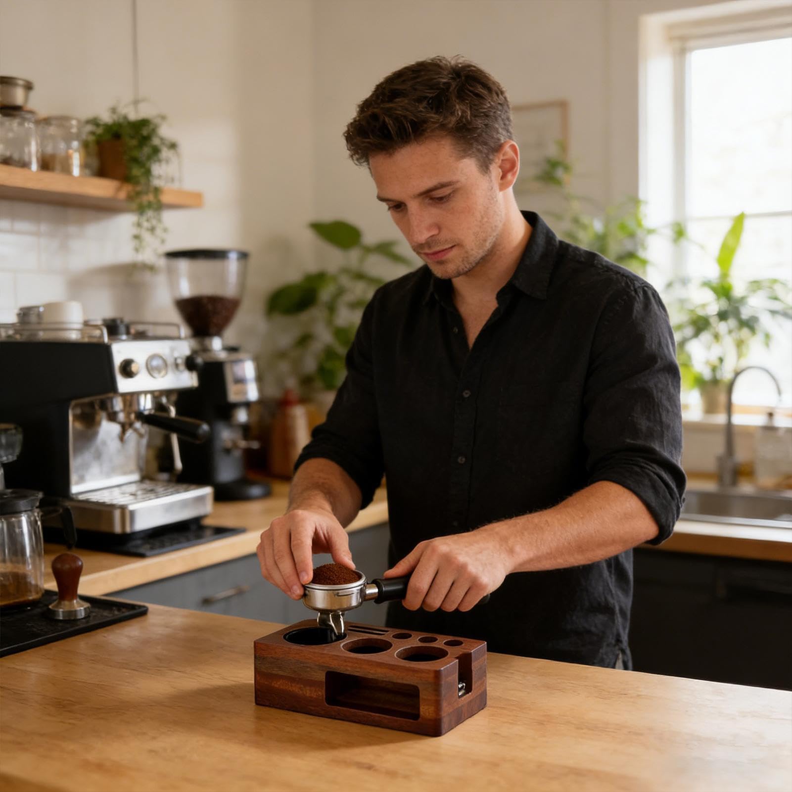 Espresso Tamper Station Multifunktionale Espresso Aufbewahrung aus Holz | Organizer Station für Kaffeezubehör Für Espresso Bar Zuhause Küche Wohnheim Gastronomie