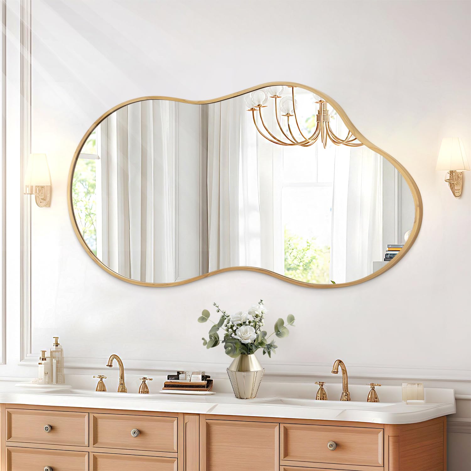 JJUUYOU Asymmetrical Mirror with Metal Frame Irregular Bathroom Mirror Decorative Wall Mirror Large 20"x36" Vintage Mirrors for Living Room Bathroom Bedroom Entryway Wall Decor