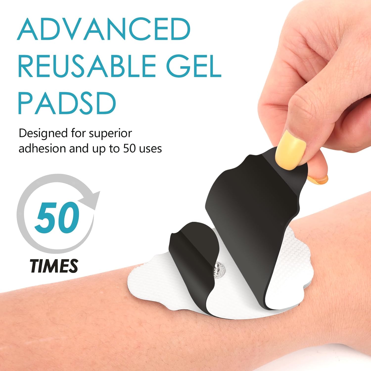 A hand peeling the protective film off an advanced reusable gel electrode pad, with text indicating 'Designed for superior adhesion and up to 50 uses'.