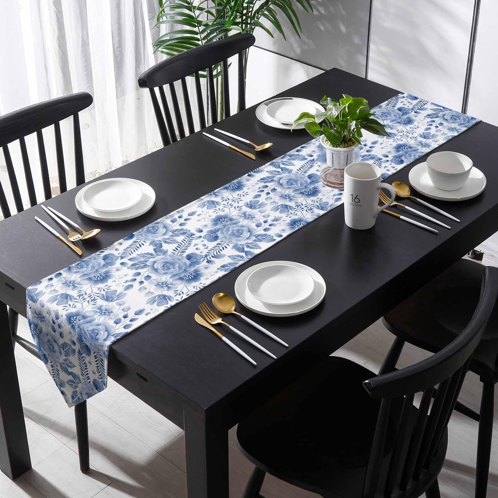 Bawełniany lniany bieżnik na stół kwiatowy niebieski i biały porcelanowy komoda szaliki eleganckie kwiatowe dekoracyjne bieżniki na świąteczne spotkania, kolację, imprezy na zewnątrz lub wewnątrz, można prać w pralce, 33 x 229 cm