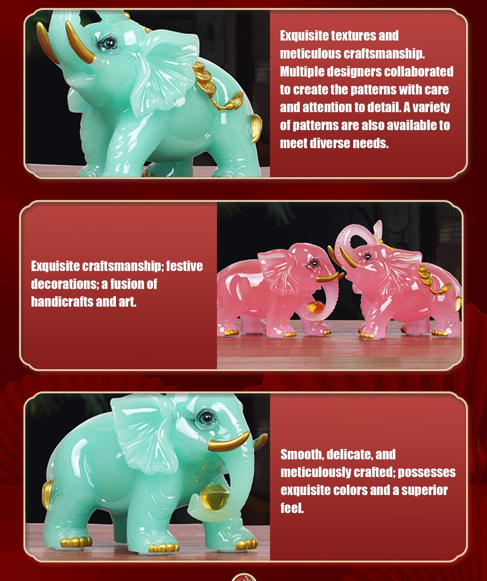 Figuritas de Buda, 1 par de esculturas de Elefante, Adornos de Feng Shui de la Suerte, exquisitas artesanías de Resina, Decoraciones de Mesa para Interiores,B,15 * 7 * 12cm