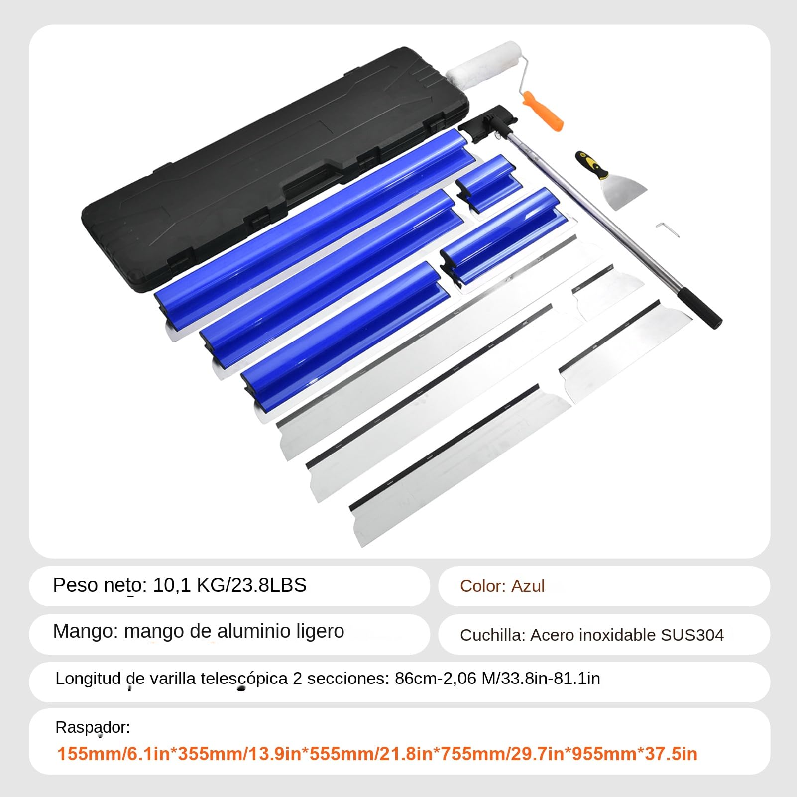 Juego de espátulas de superficie con barra telescópica ajustable de 86cm-207cm Llana para alisar paredes con 20/40/60/80/100cm Espatulas pladur fabricado en acero inoxidable (0,3/0,5 mm de espesor)