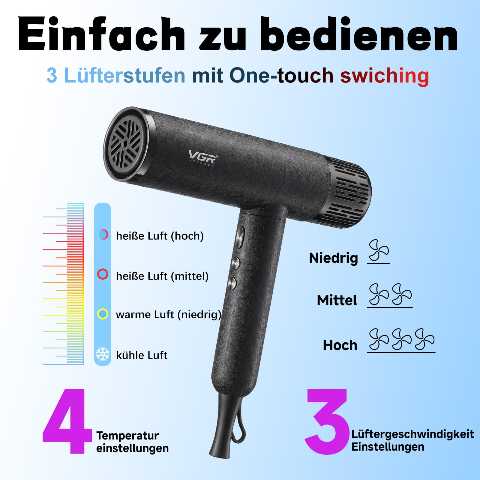 VGR 640 HD Haartrockner Professioneller, Hair Dryer Mit 11000 U/min Motor | Föhn Mit Drei Magnetischen Styling Aufsätzen Schnelles Trocknen, Ionen Föhn Mit Abnehmbare Reinigungsrückseite