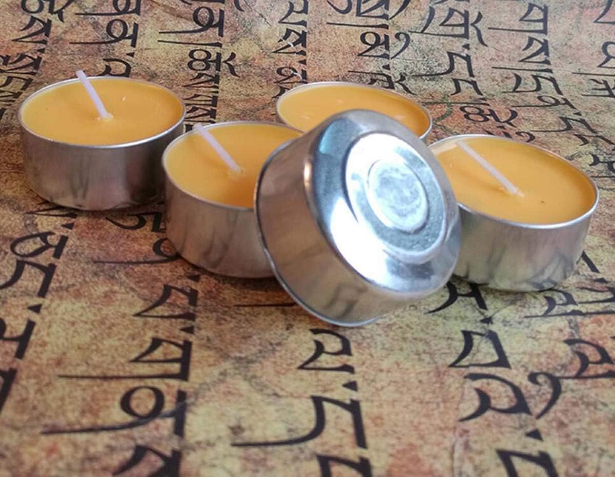 Tibetan Buddhist Tealight Vanaspati Ghee Butter Lamp Candle 100 Pcs Set (Silver Tone Alloy Case) (1)