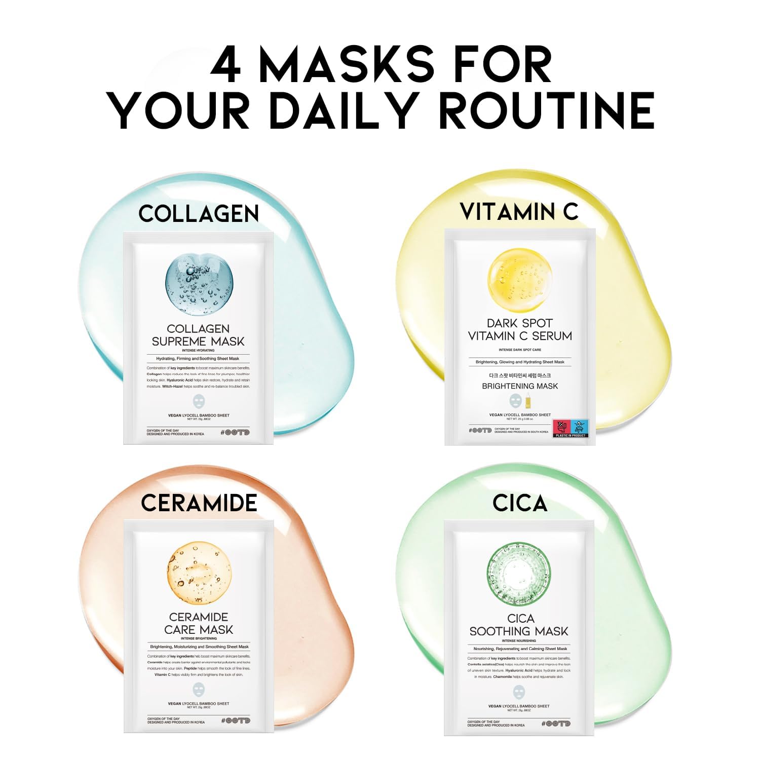 #OOTD Face Mask Korean Skincare for Dry Sensitive Skin | Hydrating, Revitalizing, Calming, Collagen, Ceramide, Cica, Vitamin C Serum Sheet Masks (12EA) - Image 2