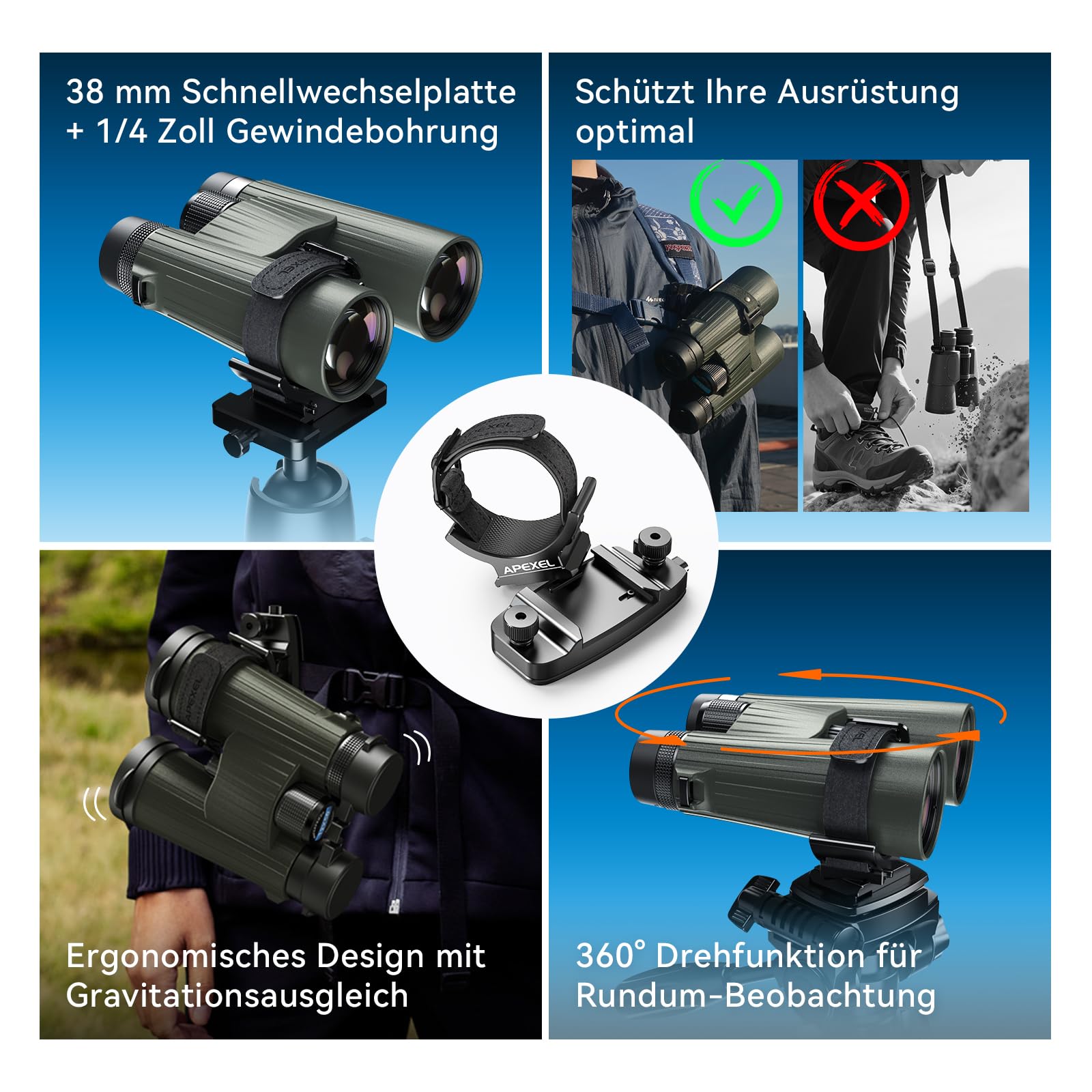 APEXEL Universal Fernglas Rucksack Adapter – 38mm Schnellwechselplatte & 1/4" Gewindeanschluss,Teleskop-Halterung Adapter,Monocular Telescope-Rucksack Clip,Geeignet für Rucksackgurte/Gürtel