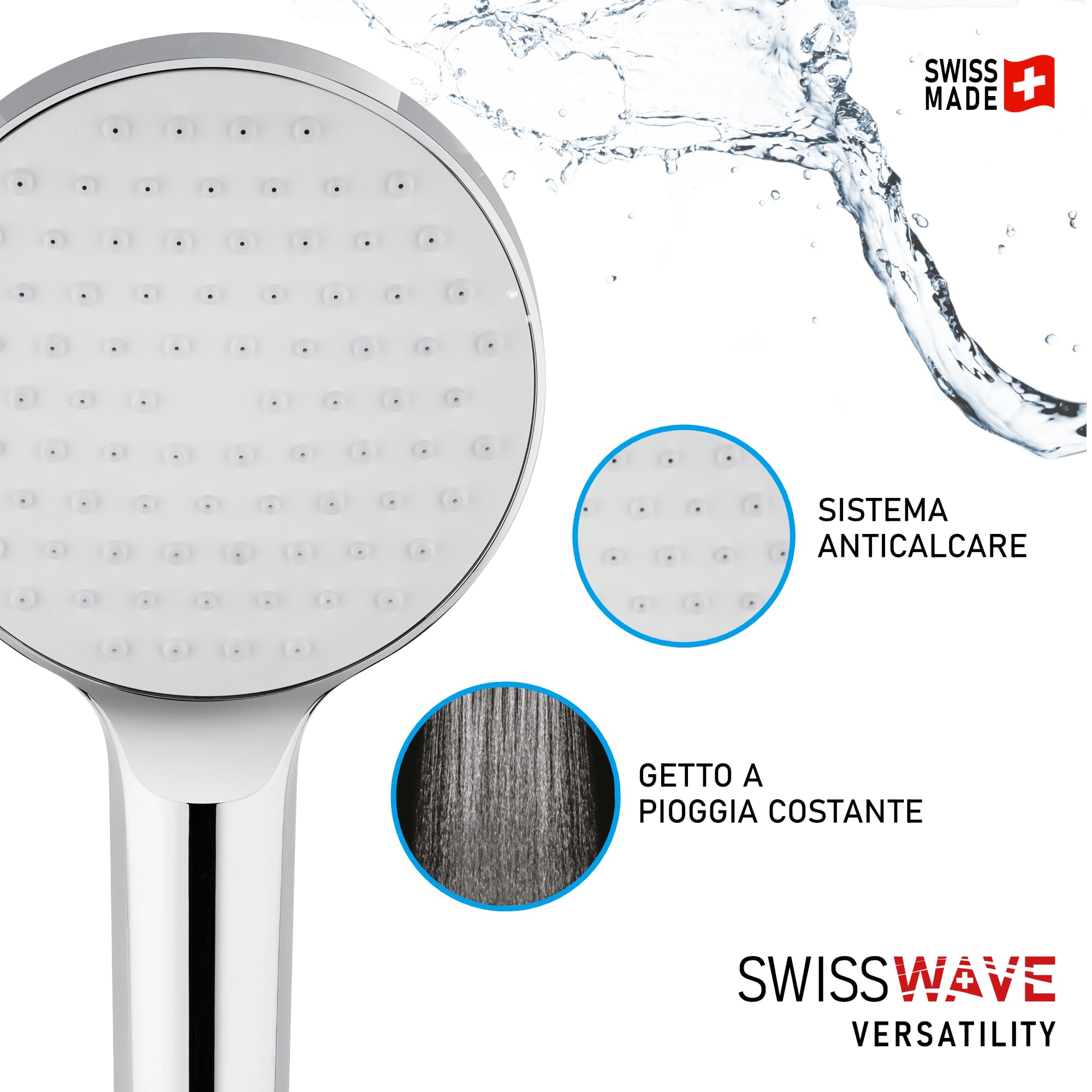 SwissWave - Soffione Doccia a Mano 65mm - In ABS - WaterSave 1 Modalità di Getto a Pioggia - Ugelli Anticalcare e Risparmio Idrico 8 l/min - Ricambio Universale - Argento/Cromo