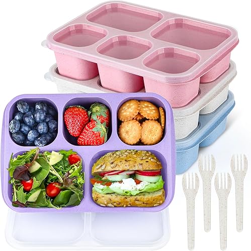MaMix Bento Box - Lonchera para adultos, caja Bento de 5 compartimentos para adultos, paquete de 4 unidades, contenedores reutilizables apilables