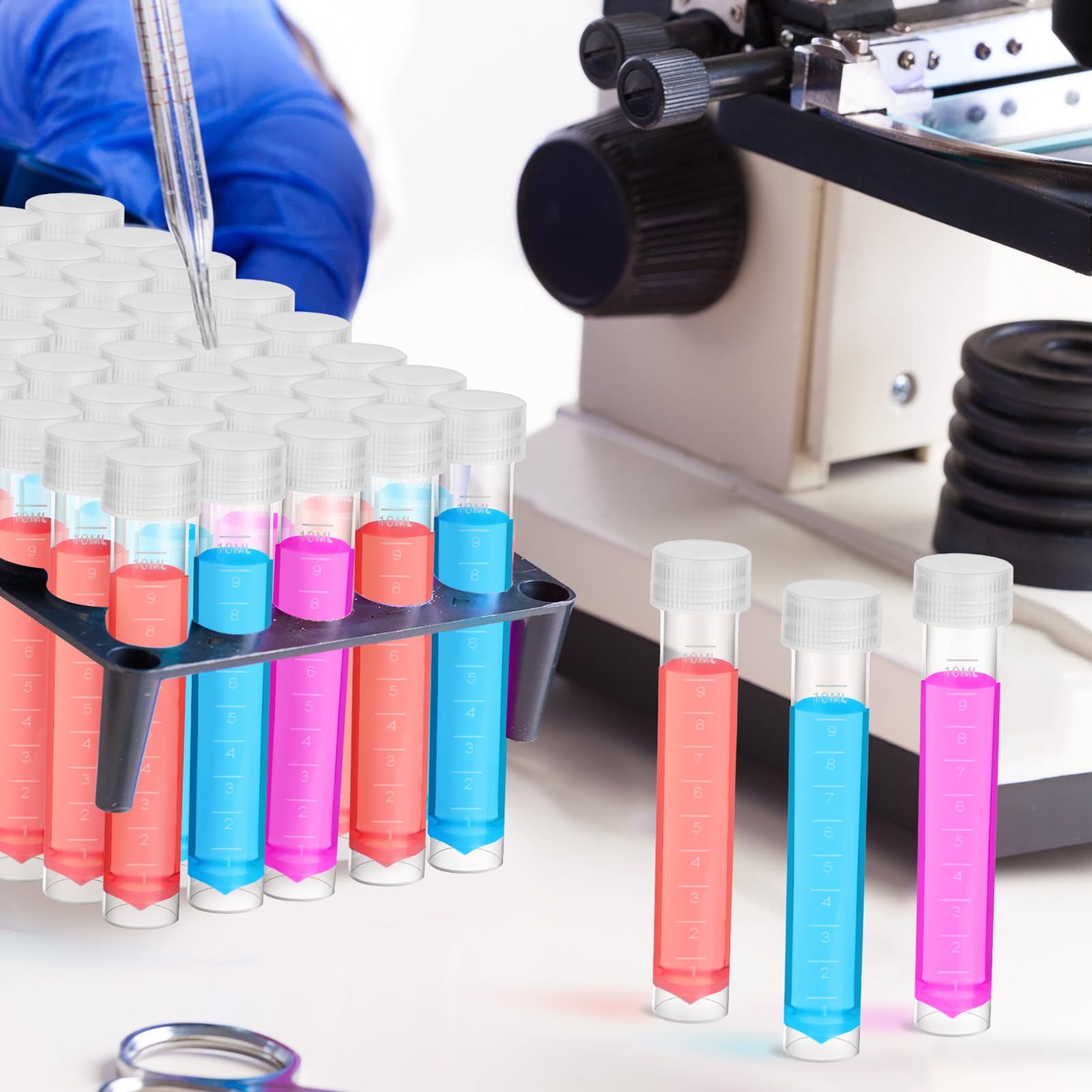 Kanayu 200 provette in plastica da 10 ml con coperchio, piccoli tubi di stoccaggio con tappo trasparente, con anello di tenuta in silicone, per esperimenti scientifici, campioni di acqua e liquidi