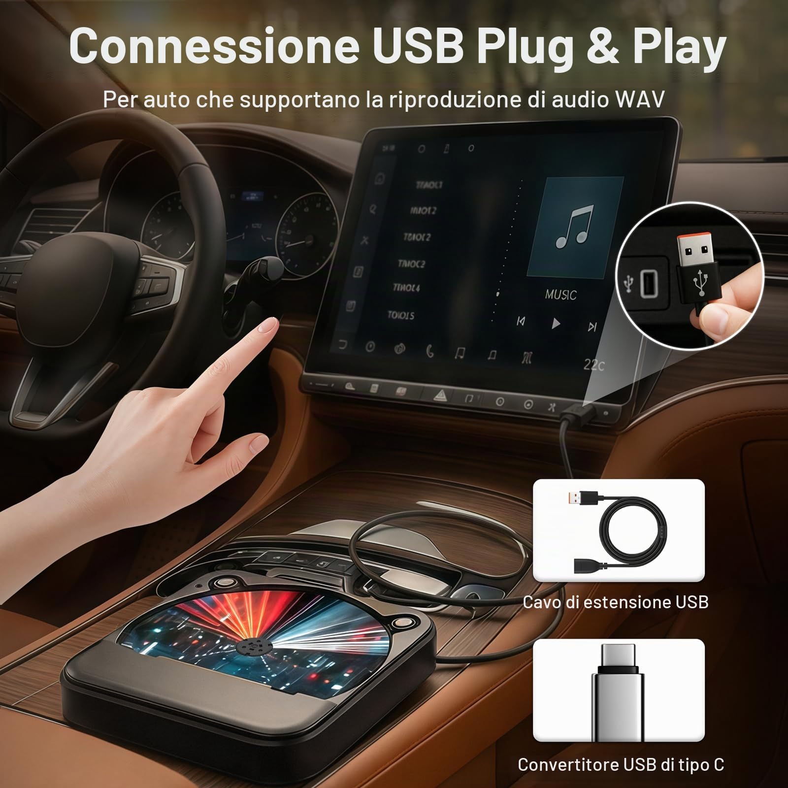 Lettore CD esterno portatile per auto, Plug and Play Car CD Player con porta USB AUX, lettore USB universale per veicoli, laptop, TV, computer, per Android 4.4 e navigazione