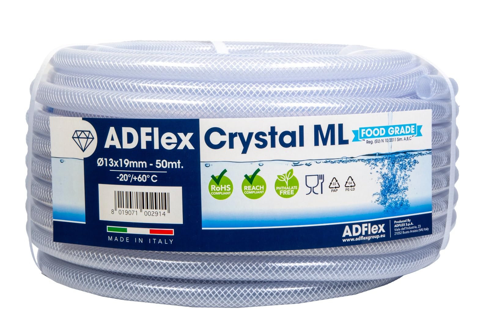 Tubo in PVC trasparente Crystal Retex ML 13x19 m 50 Rinforzato, Ultra Resistenza, Qualità Alimentare, passaggio aria, aria compressa, passaggio liquidi, acqua potabile, irrigazione