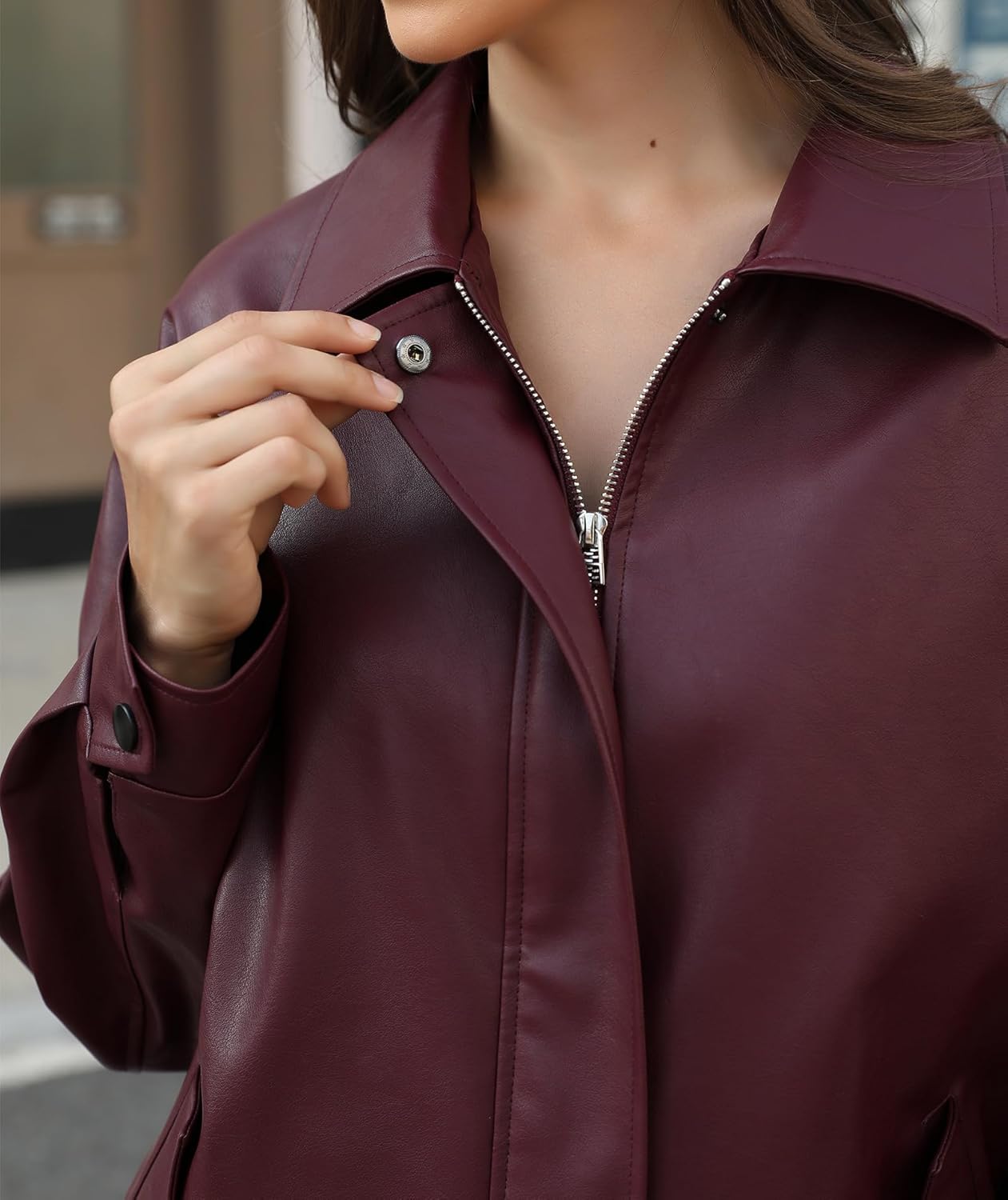 Casly Lamiit Women's Faux Leather Jacket Oversized Motorcycle Zipper Bomber Coats Fashion Casual Travel Outfits - Image 6