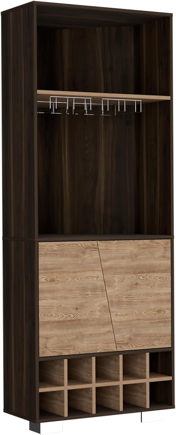 Tuhome Fraktal Corner Bar Cabinet with Ten Built-in Wine Rack Compartments, Two Spacious Display Shelves, Double Door Storage Cabinet and Cup Rack, Space-Saving Freestanding Bar for Home Entertainmen