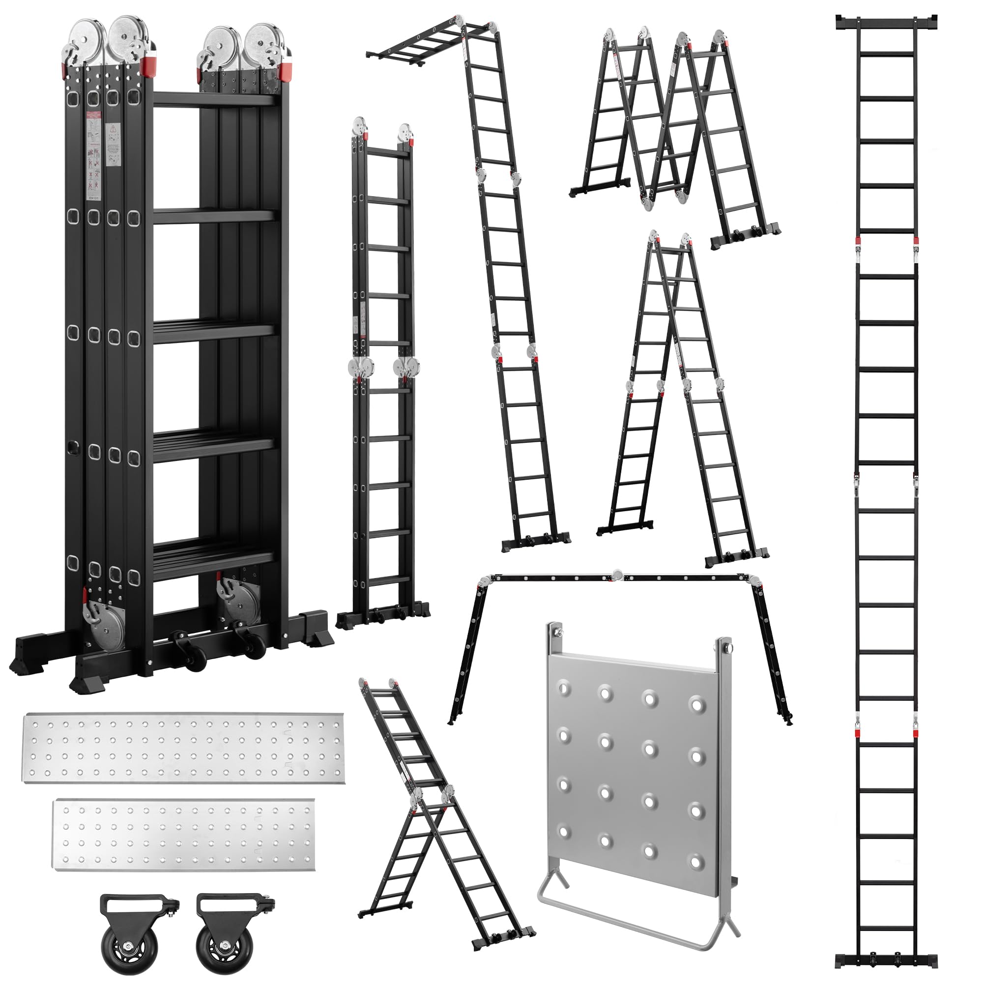 TEENO Escalera Multifunción 7 en 1, 5.82 M, 4 x 5 Escalones, Escalera Plegable de Aluminio con 2 Plataformas, Soporte de Trabajo para Escalera, Patas de Goma, 2 Ruedas Extraíbles, Carga 150 kg, Negro