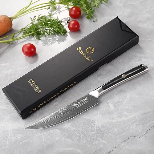 Miniatura 7 de Sunnecko Cuchillo para carne de cocina de 5 pulgadas, cuchillo de carne de Damasco VG-10, cuchillo japonés de acero inoxidable, sin dentar, acero