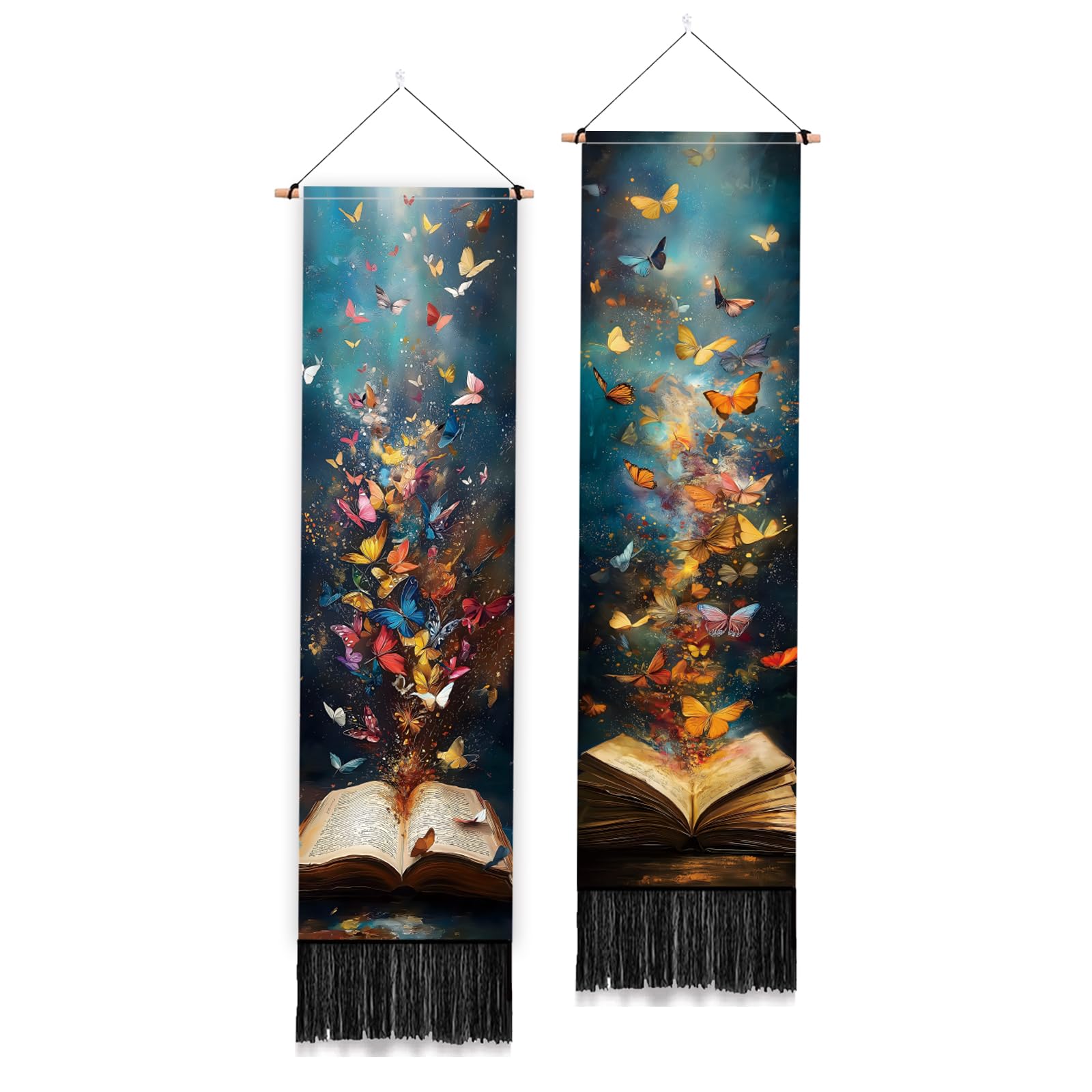PLIGREAT Confezione da 2 arazzi colorati da parete a forma di libro con farfalle, creativo, lungo, verticale, da appendere alla parete, con nappe, per camera da letto, soggiorno, amanti dei libri