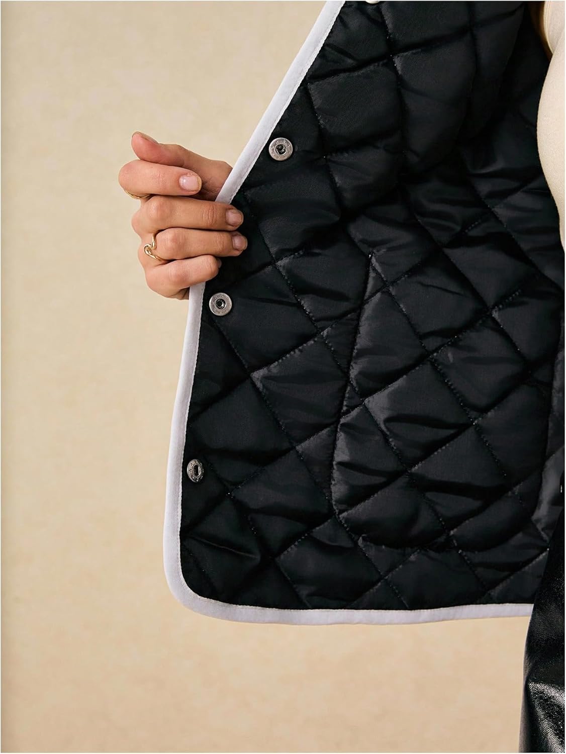 MakeMeChic Women's Polka Dots Quilted Jacket Button Down Puffer Coat Long Sleeve Warm Outerwear - Image 5