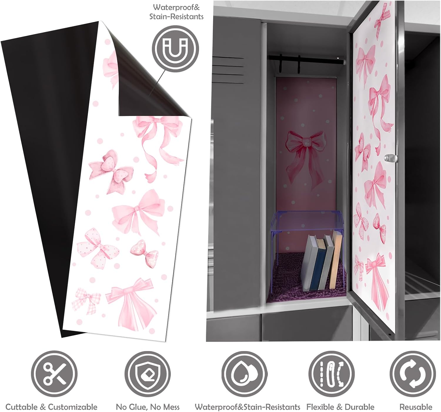 Janlaugh 2 Pack 36 x 12 Magnetic Locker Wallpaper Back to School Removable Reusable Magnetic Wall Cover Sheet for School Lockers Fridge Metal Door Girls Decorations Office Supplies(Bow,Pink)