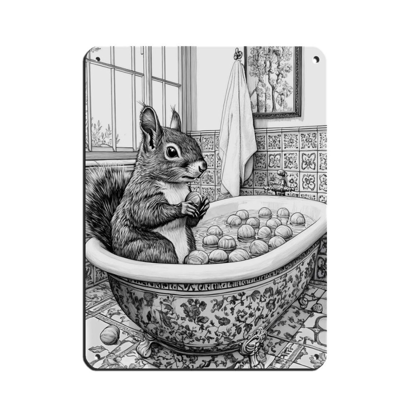 Lxwnze 30L X 40W Cm Squirrel In Bathtub, Quirky Home Decor Tin Sign Vintage Metal Pub Club Cafe Bar Home Wall Art Decoration Poster Retro 12X16inch(30X40cm)
