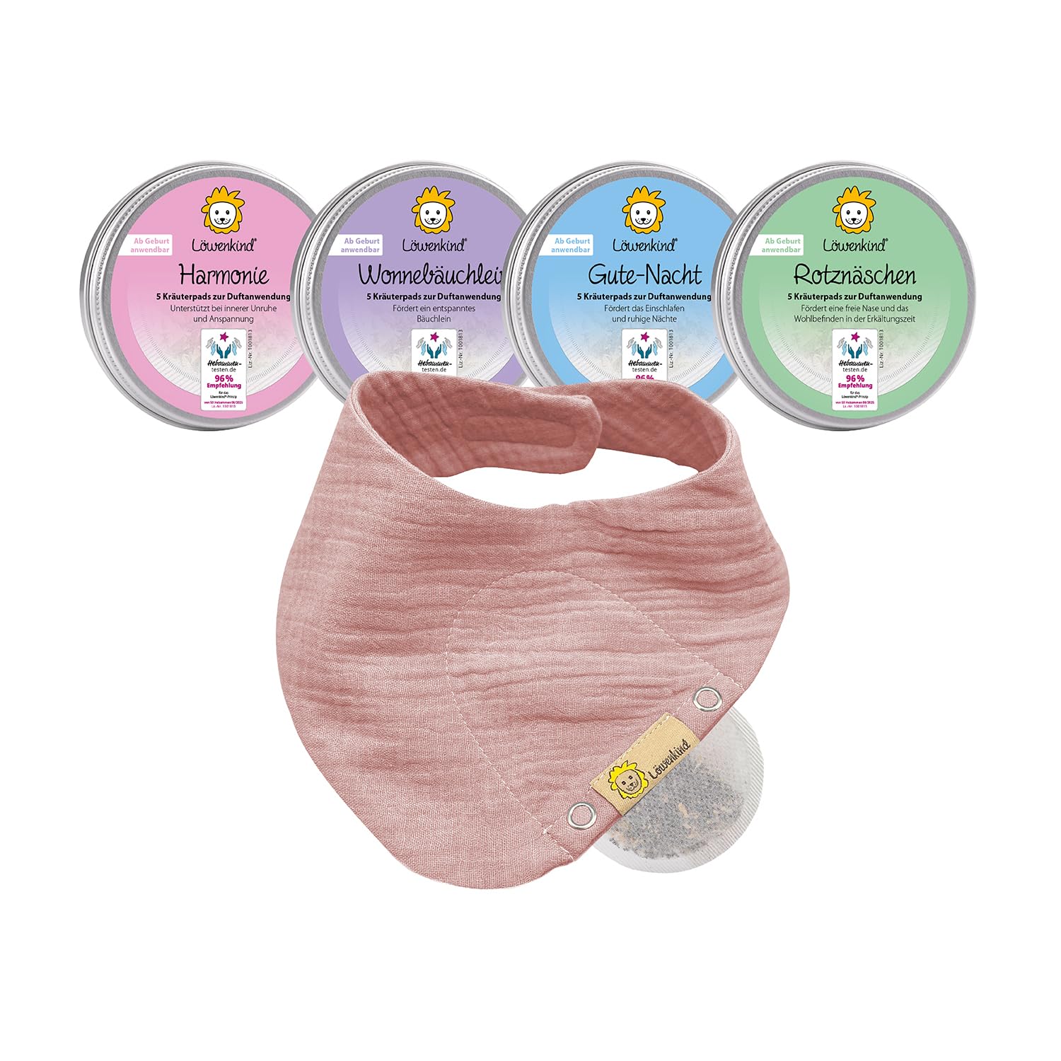 Löwenkind Baby Startklar-Set für typische Kinderwehwehchen | Erkältungszeit, Unruhe, Schlafprobleme, Bauchbeschwerden | 4x5 natürliche Kräuterpads | Musselin-Halstuch aus 100% Bio-Baumwolle (Altrosa)