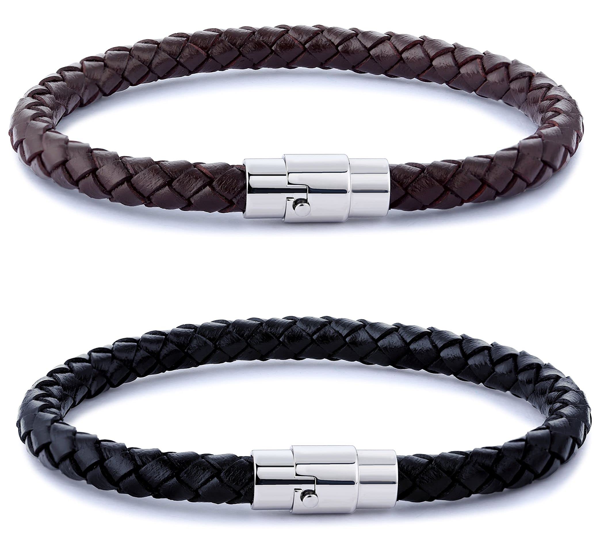 KALVICA Pulsera para Hombre de Acero Inoxidable Negro Pulsera de Cuero de Silicona para Hombres Pulsera de Cierre Ajustable 21 cm