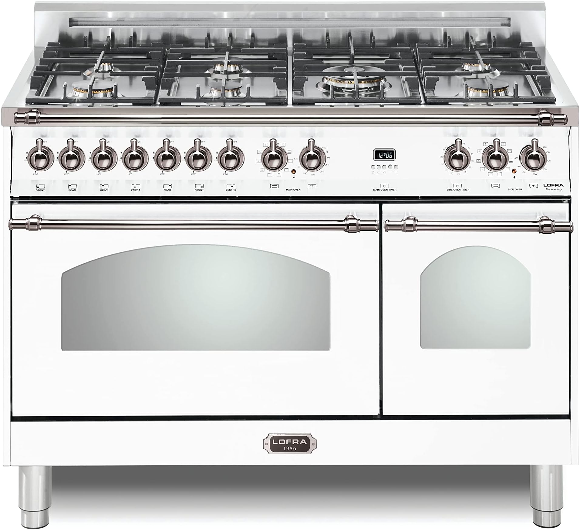 DolceVita Series 48 Inch Range Freestanding Dual Fuel Double Oven Stove, Cooktop 7 Sealed Brass Burners, Convection, 9 Cooking Modes, Knobs and Handrail In Chrome, in White