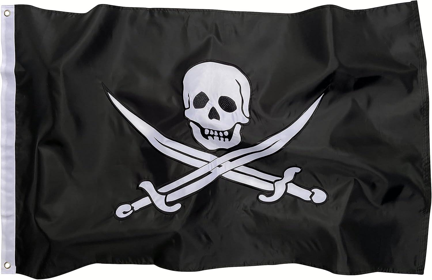 Pirate Flag 3x5 FT – Outdoor Nylon Jolly Roger (Calico Jack) with Double-Sided Embroidery, Skull & Crossed Swords Design, Heavy-Duty Canvas Header & Brass Grommets for Boats or Home Display