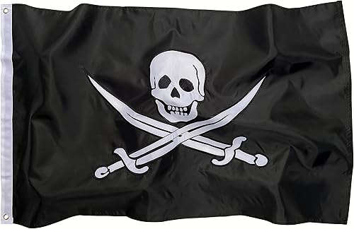 Bandera pirata Cartel Jolly Roger de nailon para exteriores de 3 x 5 pies, bordado de doble cara con calavera y espadas (estilo Calico Jack), Bandera pirata Cartel Jolly Roger de nailon para exteriores de 3 x 5 pies, bordado de doble cara con calavera y espadas (estilo Calico Jack),
