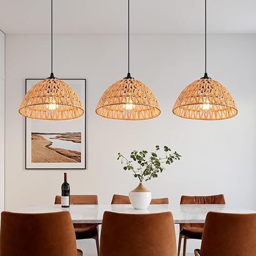Miniatura 2 de 3 Pack Woven Pendant Light Fixtures,10.2" Brown Rattan Pendant Lights Farmhouse Basket Light Fixture Adjustable Boho Hanging Lamp for Kitchen Island