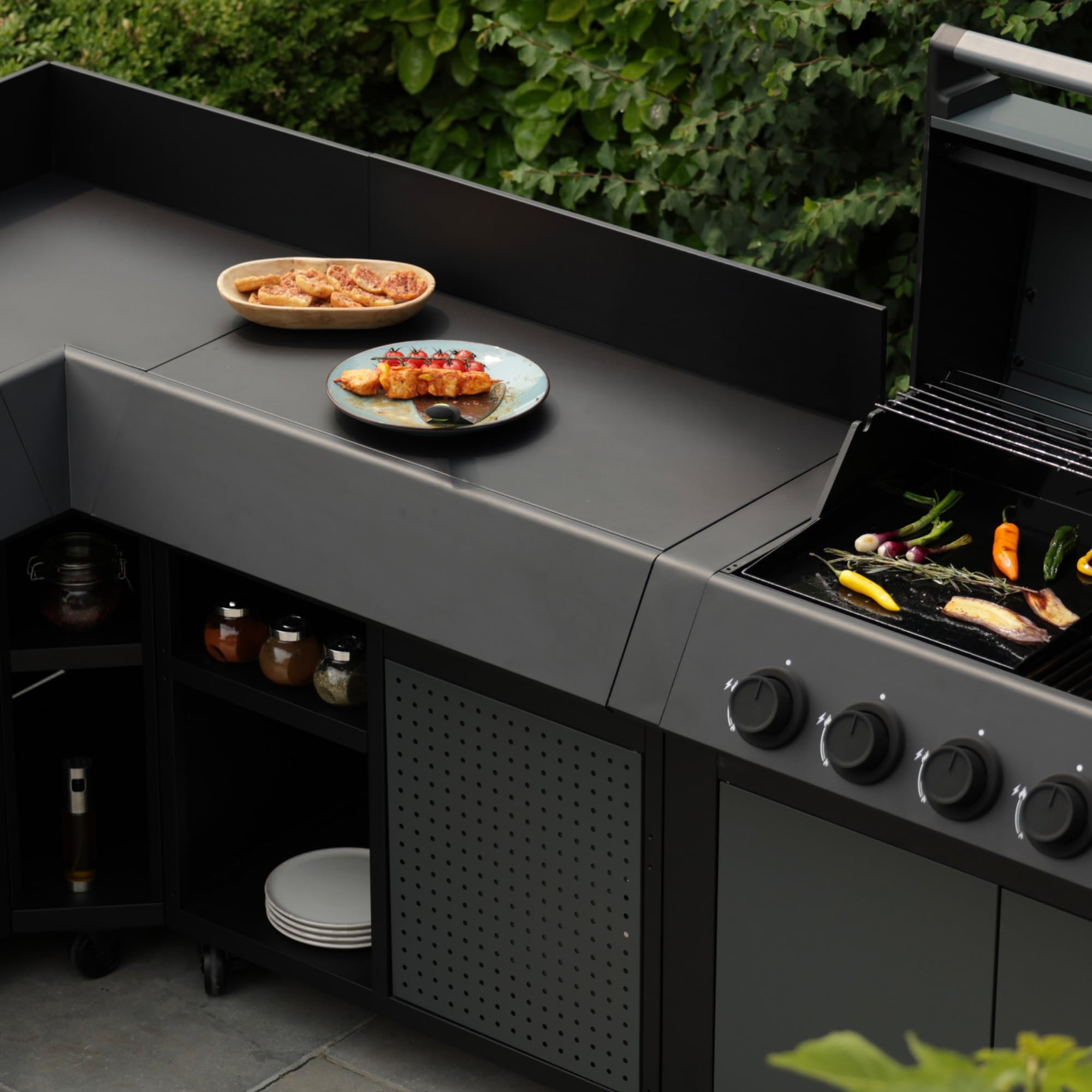 Cook'in garden - Desserte Burn, Chariot avec Plan de Travail Compatible Barbecue et Evier, Meuble sur roulettes Facile à Déplacer, Grand Espace de Rangement, Acier Époxy, Noir