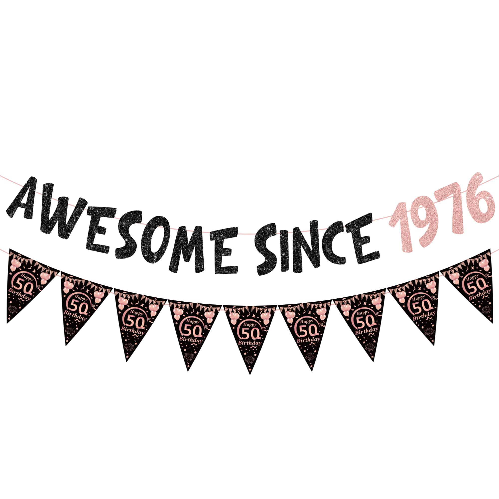 50th Birthday Banners Decorations Kit - 2 Pcs Black Rose Gold Pre-strung Awesome Since 1976 Sparkling Banner Happy 50th Birthday Triangular Flag for Women 50 Year Old Party Decoration Supplies