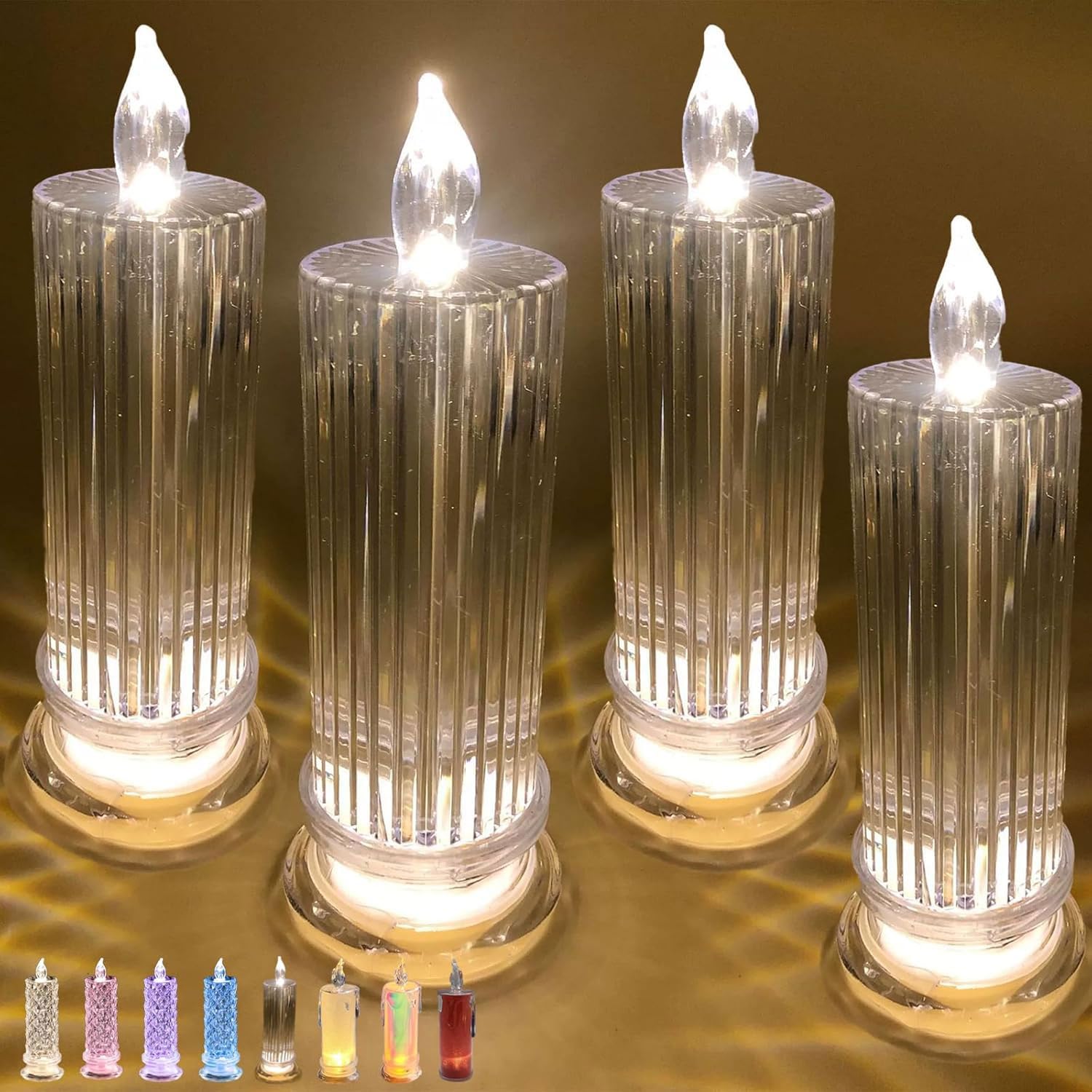 4PCS Rose Shadow Led Flameless Candle Lights, Set of 4 LED Crystal Candle Lights, Flameless LED Candles, Battery Operated Romantic Clear Pillar Candles Set for Wedding Christmas Decoration (White-B)