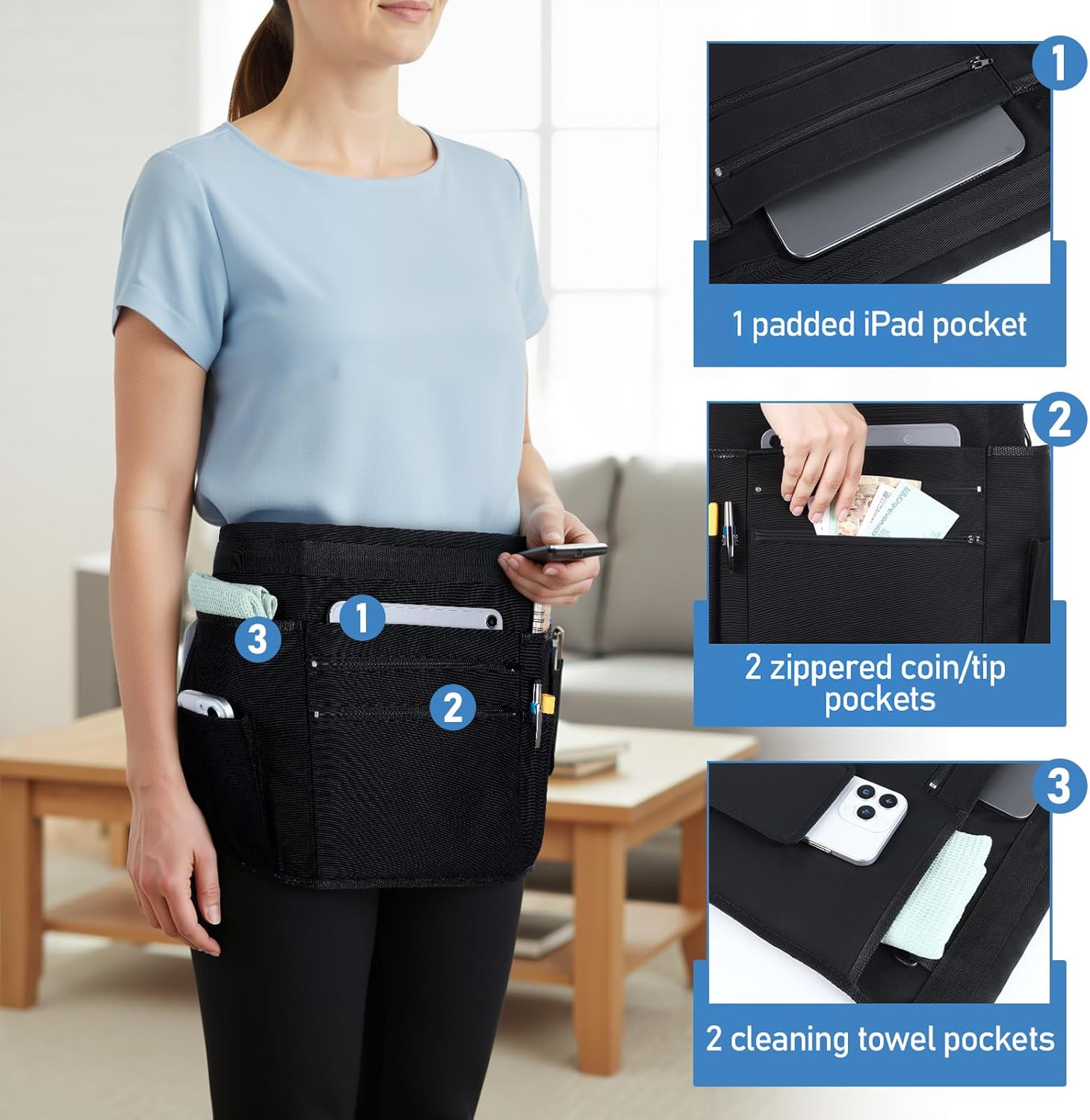 Waitress Server Apron with Multiple Pockets Waterproof Half Apron with Adjustable Belt for Women/Men Waist Aprons for Restaurant, Bar, Bistro (Black) - Image 4