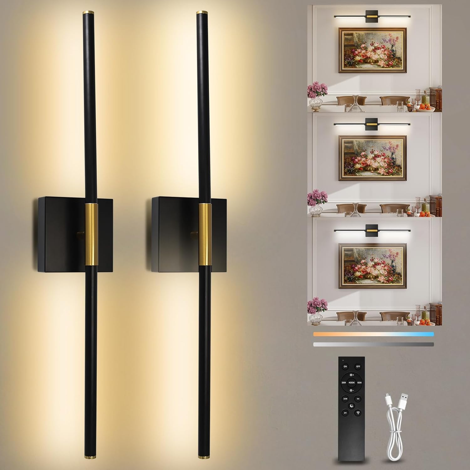 28 In Wall Sconces Set of 2 Battery Operated,10000mAh Black Gold LED Wireless USB Rechargeable Wall Light with Remote Control,360° Rotation LED Dimmable Picture Lamp for Hallway Living Room