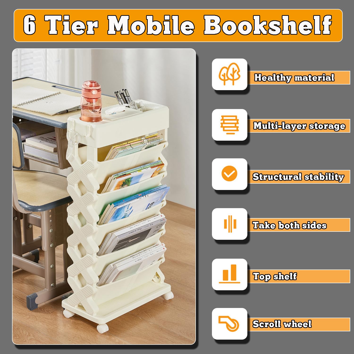Mobiele boekenkast - 5 Tier Rolling Book Cart Multifunctioneel - Ruimtebesparende Gelaagde Rolling Cart, Grote Opslag Rolling Utility Cart voor School, Klaslokaal, Thuis