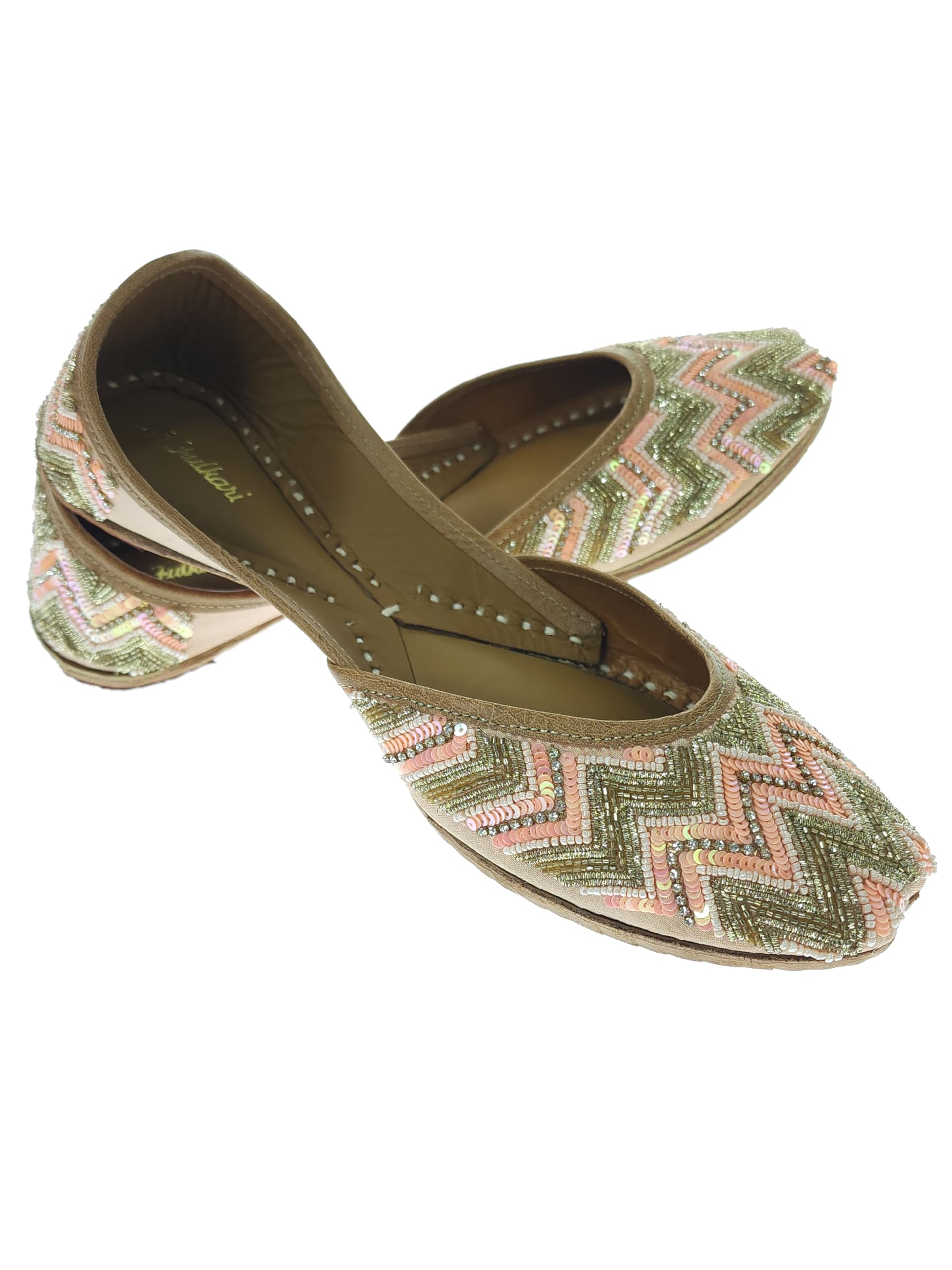 Women Zigzag Gold Genuine Soft Leather Embroidered Jutis | Bite and Pinch Free Jutti | Punjabi Formal Juttis | Girl's Wedding Flat Ladies Mojari | Formal Ethnic Juti |-image-41