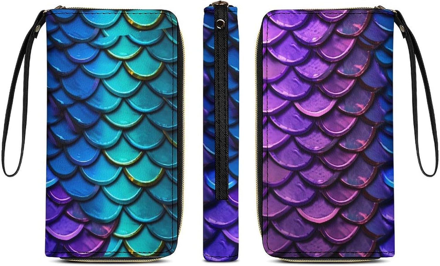 Colorful Fish Mermaid Scales Print PU Leather Wristlet Wallet Slim Card Holder Organizer with Zipper Coin Pocket & Cash Slots for Women Men