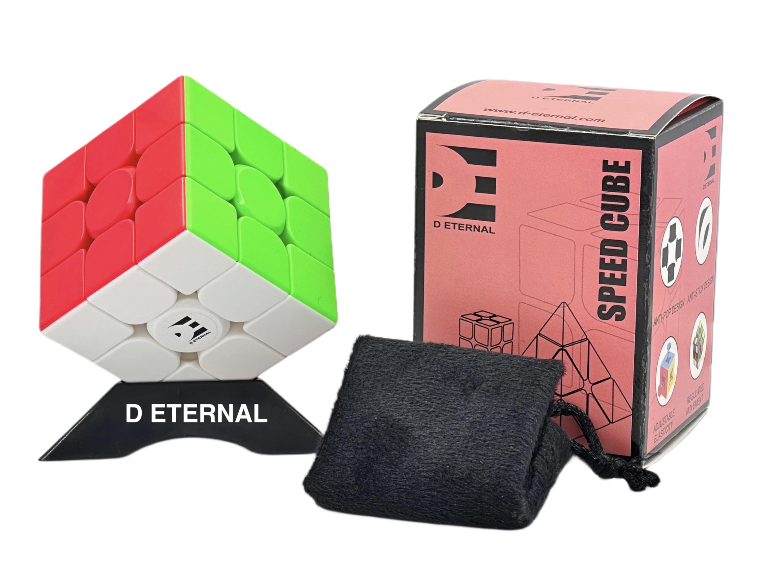 D ETERNAL 3x3 Stickerless Speedcube for Kids & Adults | Beginner Set With Cube Stand and Protecting Pouch Bag Combo (3x3+Stand+Bag)