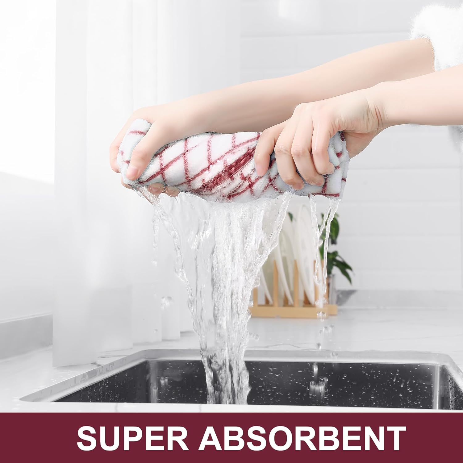 Homaxy Premium Cotton Kitchen Towels 16"x 28", Large Natural Ring Spun 390 GSM Dish Towels, Super Absorbent Terry Kitchen Hand Towels, Soft Tea Towels with Hanging Loop, Red Check Design,6 Pack - Image 3