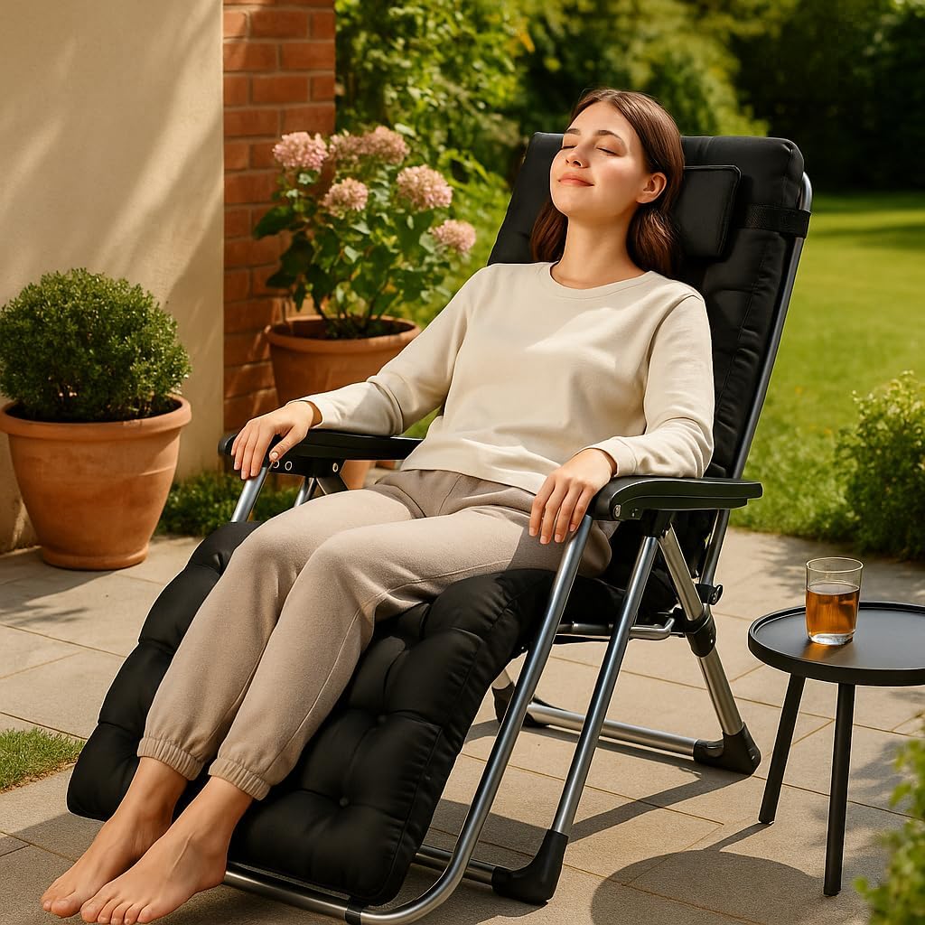 Klappbar Sonnenliege Liegestuhl,Zero-Schwerkraft Garten Liegestuhl mit Abnehmbaren Kissen und Wasserglashalter,Balkon Liegestühle,Geeignet für Camping,Outdoor,Strand Freizeit (Schwarz 1 Stück)