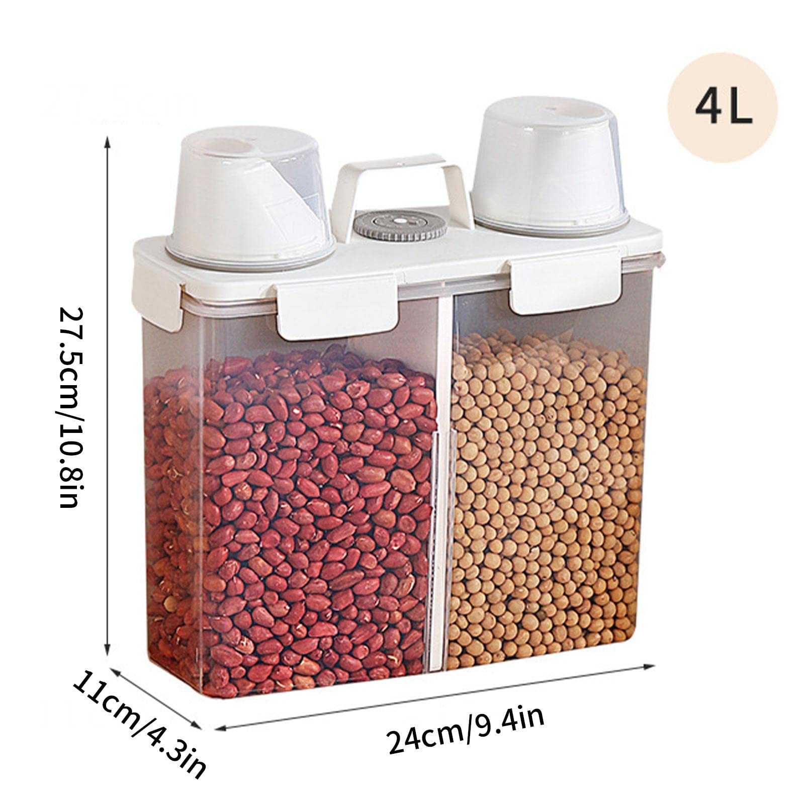 Contenedor de arroz con compartimentos, Barril de arroz transparente, Caja de almacenamiento de granos con compartimentos, Dispensador hermético de alimentos secos de 4L, Diseño de 2 compartimentos,