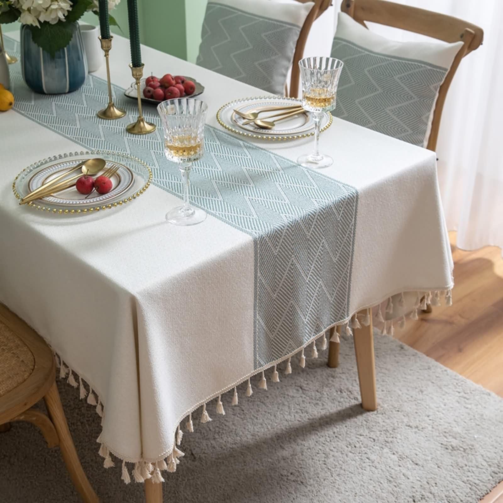 Manteles de Mesa de Rectángulo Empalme de Rayas Onduladas con Borlas Manteles de Mesa Cocina Poliéster Blanco,140x240CM