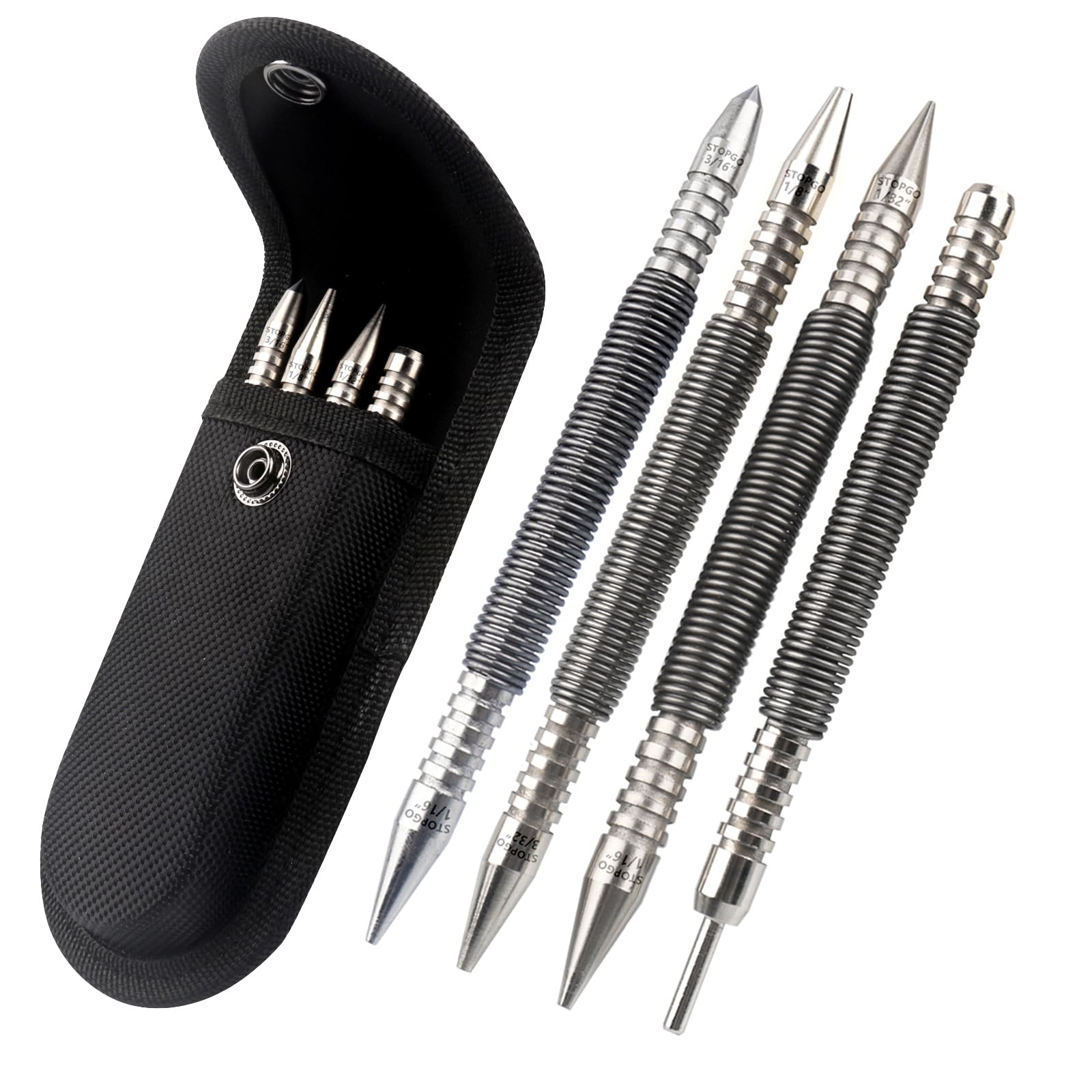 Spring Nail Set,Dual Head Nail Setter with Size Marked,4pcs Hammerless Door Hinge Pin Removal Tool,Striking Force Spring Loaded Nail Punch（1/8-in, 3/32-in, 3/16-in, 1/16-in, 1/32-in, 1/8-in）