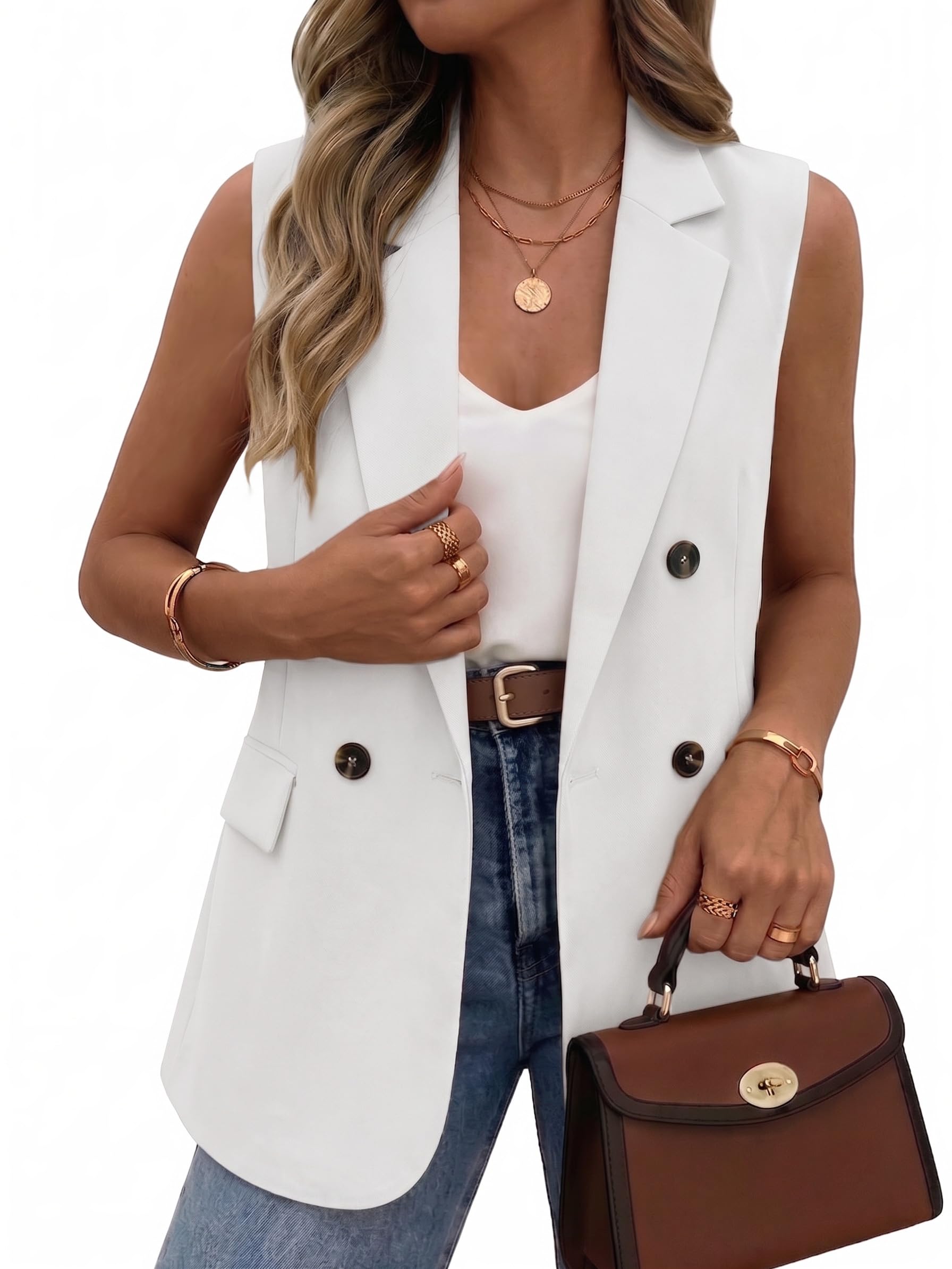 2026 Spring Women's Sleeveless Vest Tops - Double Breasted Lightweight Work Casual Long Blazer with Pockets-image-23