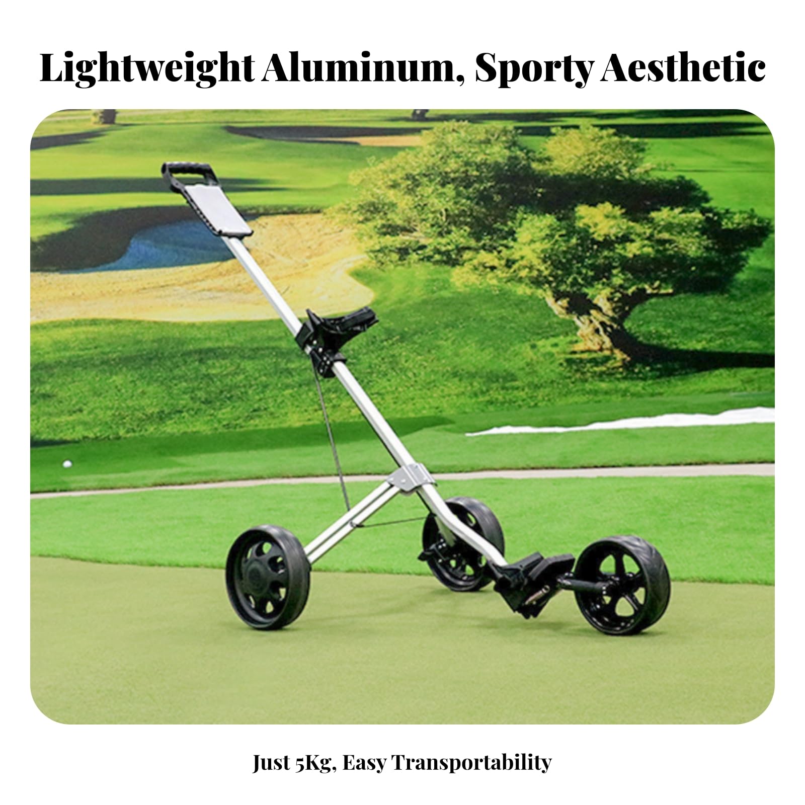 MERIGLARE Chariot de Golf Pliable Chariot Poussette Trolley Équipement avec Support Triangulaire et Poignée Ergonomique Longue Stabilité et Durabilité Adapté aux Parcours Déplacements en en Voiture | Compact, Chariot Golf à 3 Roues, Golfeurs